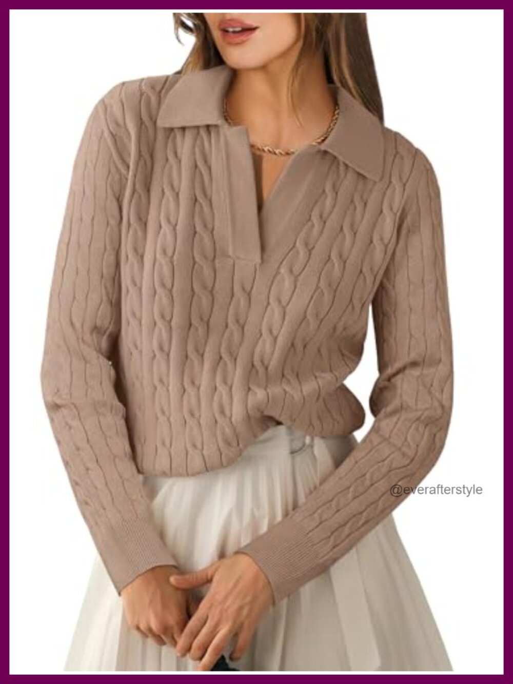 Cable Knit Polo Sweater V-Neck Long Sleeve Pullover
